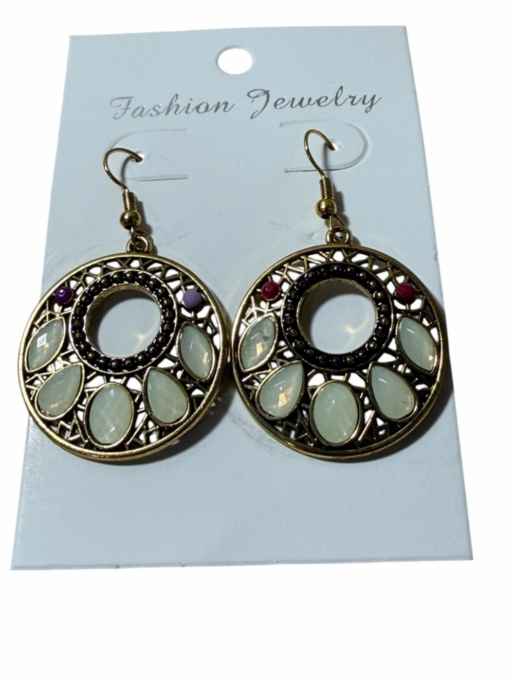 Fashion Jewelry Gold-Tone Circular Drop Earrings with Cream and Pink Accents